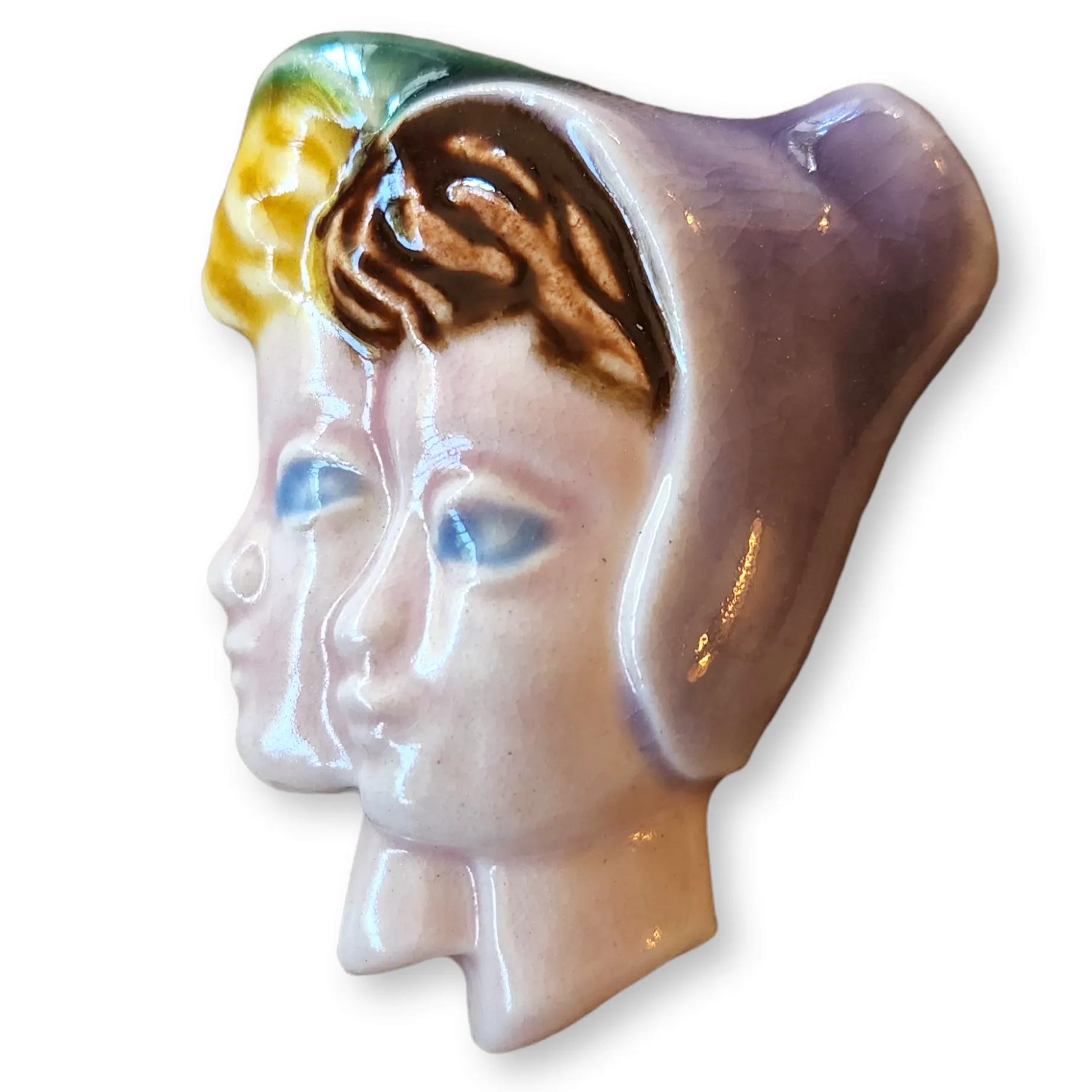 1940s Two Women in Bonnets Ceramic Brooch