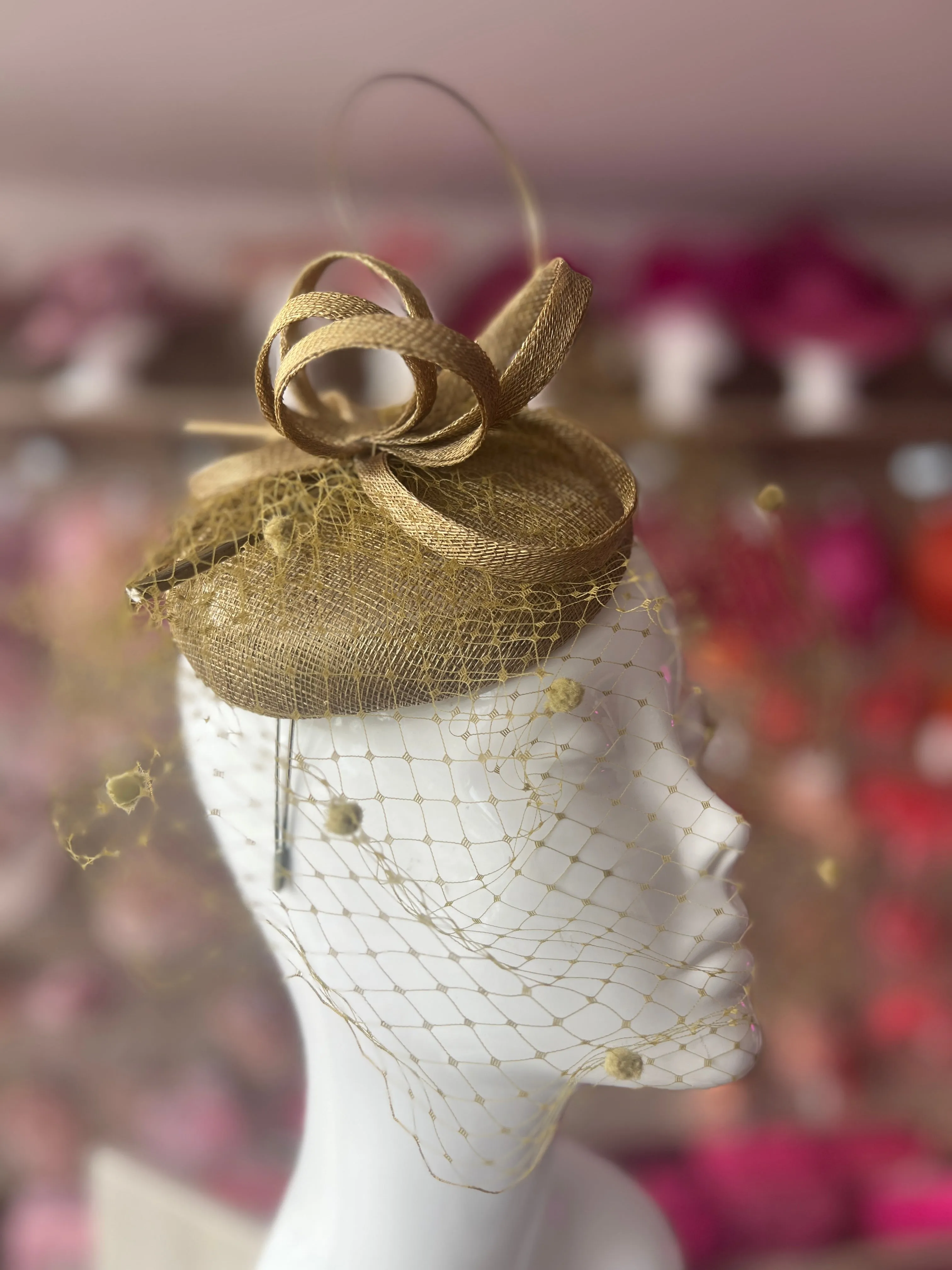 Antique Bronze Pillbox Hat with Veil & Curled Quill