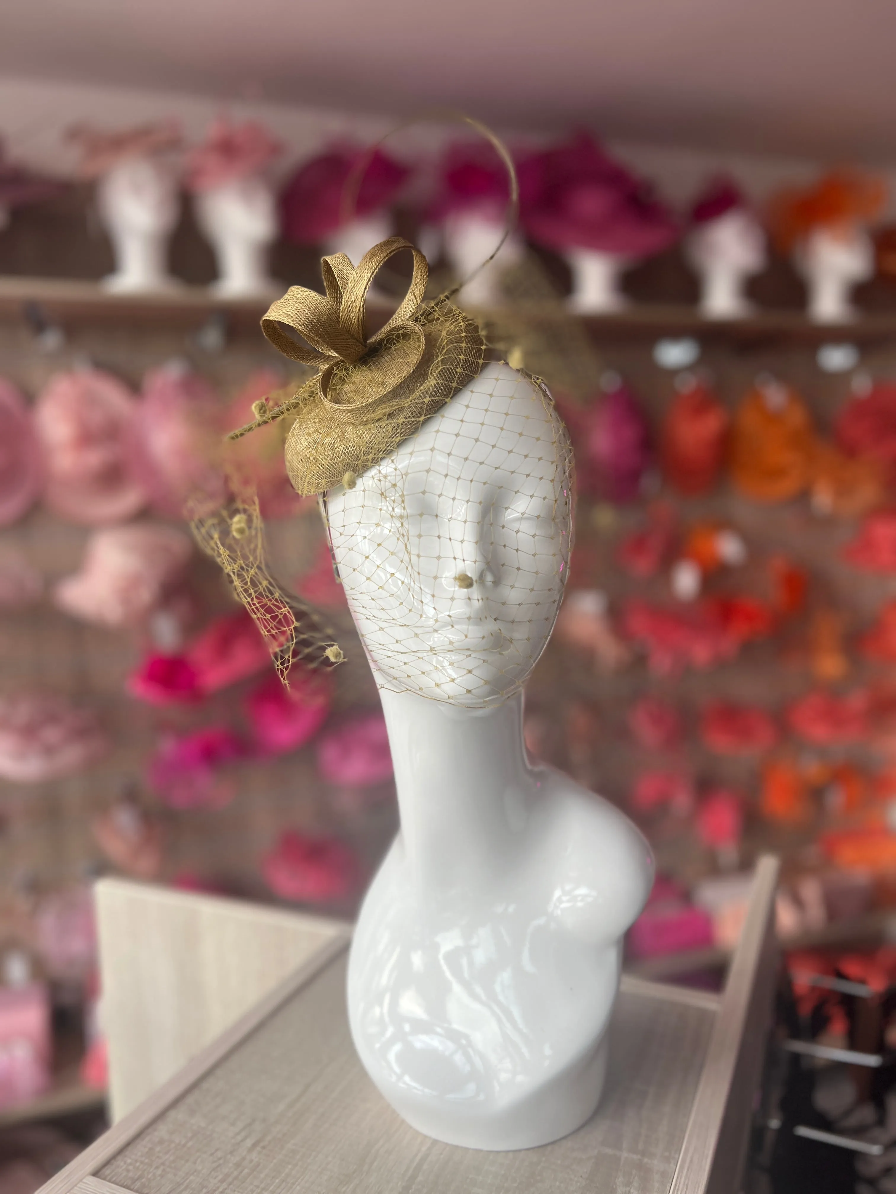 Antique Bronze Pillbox Hat with Veil & Curled Quill