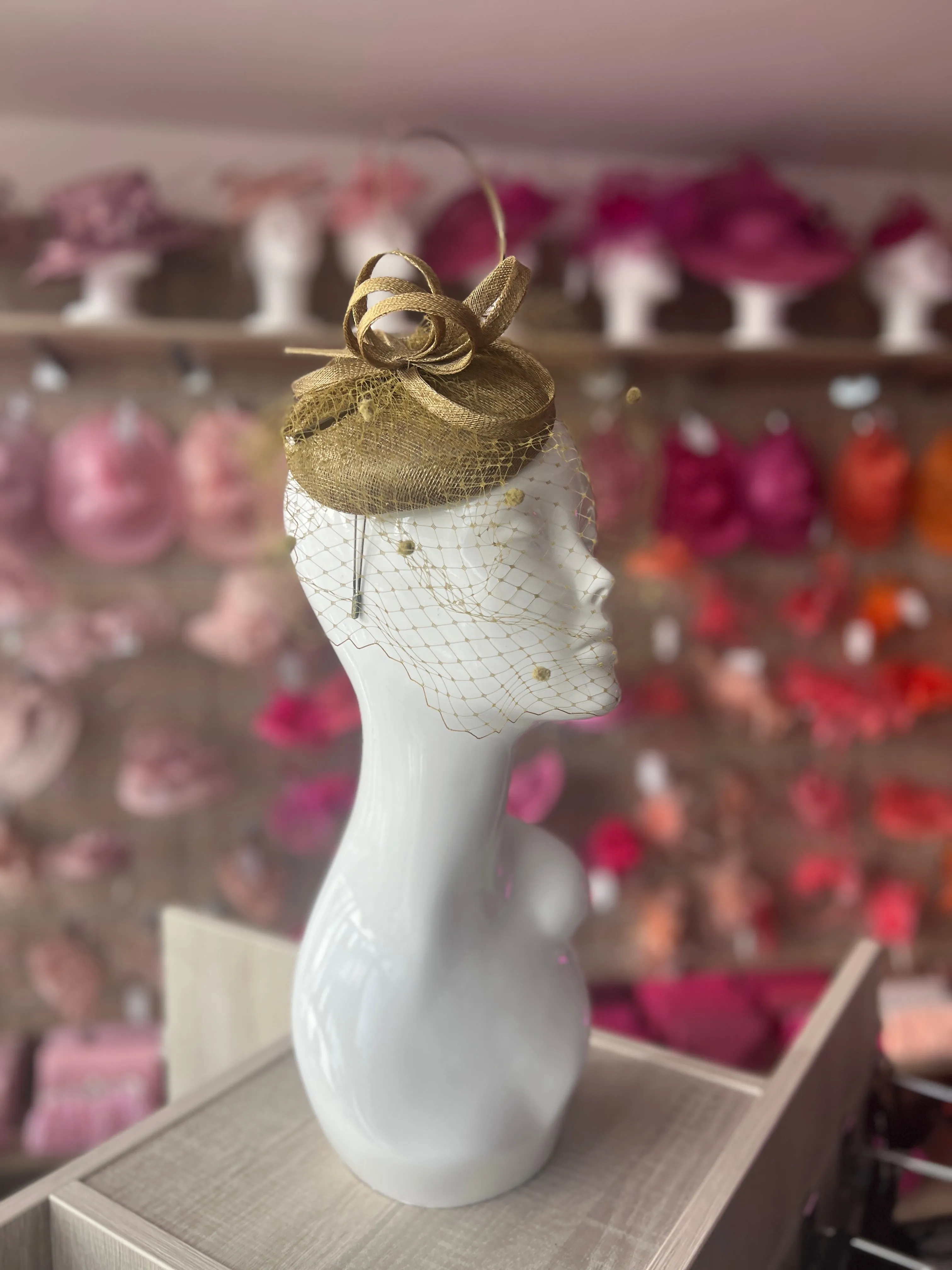 Antique Bronze Pillbox Hat with Veil & Curled Quill
