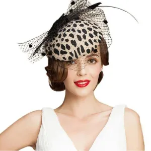 Black Leopard Pillbox Hat With Veil 100% Australian Wool Felt Wedding Hats Women Vintage Bow Cocktail Fedoras