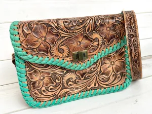 Braided Leather Border Pill Box Crossbody Western Leather Handbag