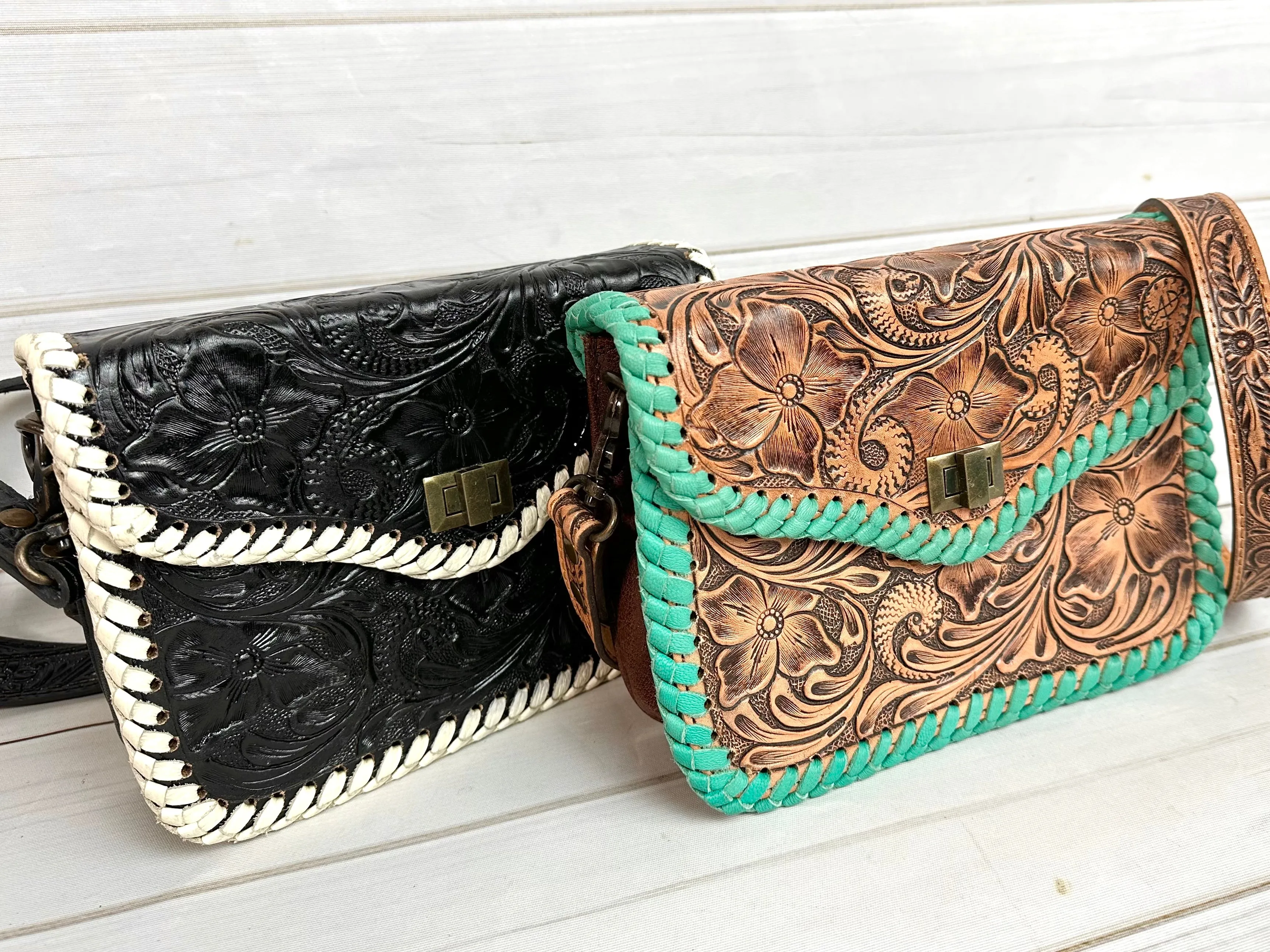 Braided Leather Border Pill Box Crossbody Western Leather Handbag