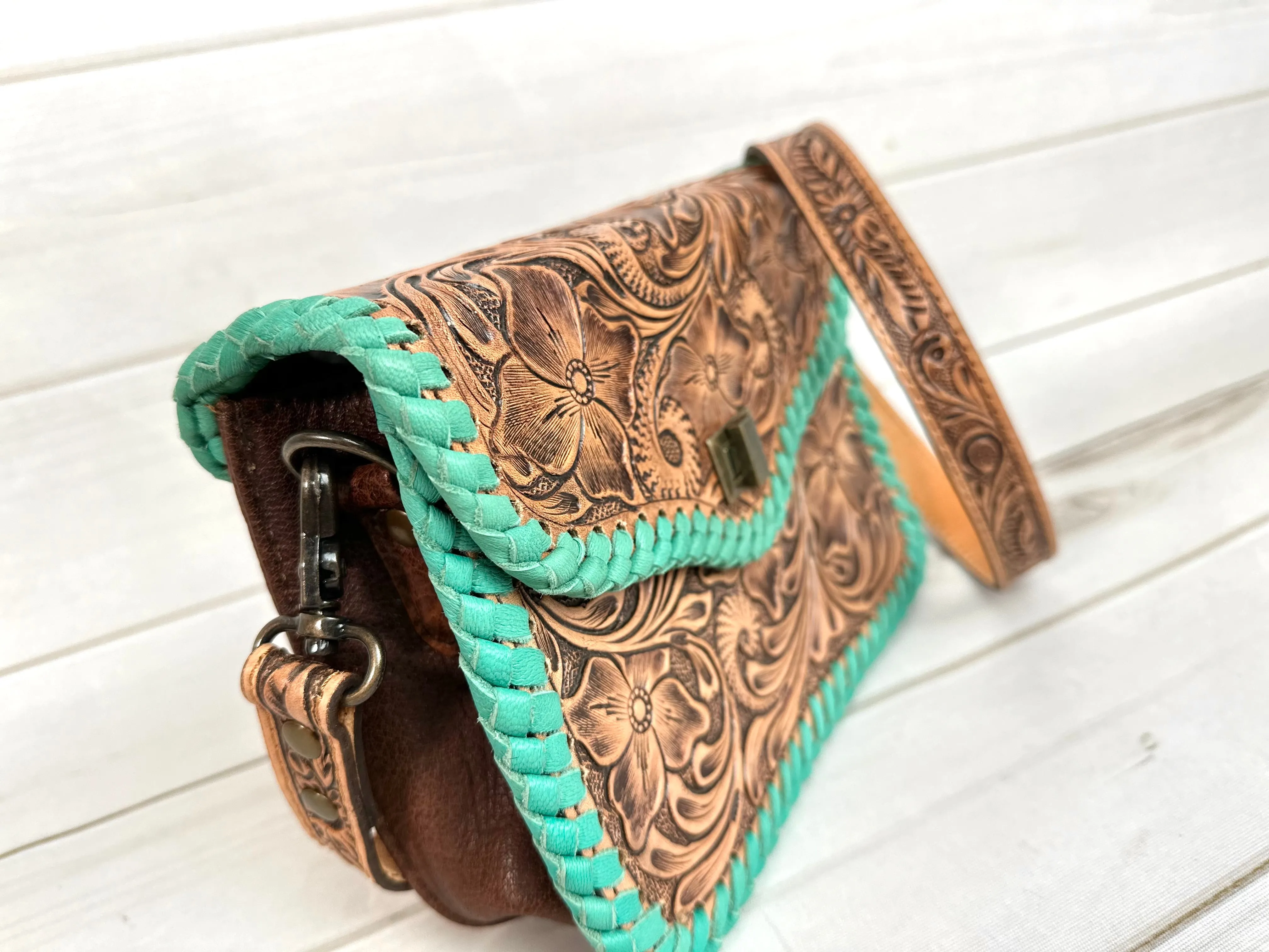 Braided Leather Border Pill Box Crossbody Western Leather Handbag