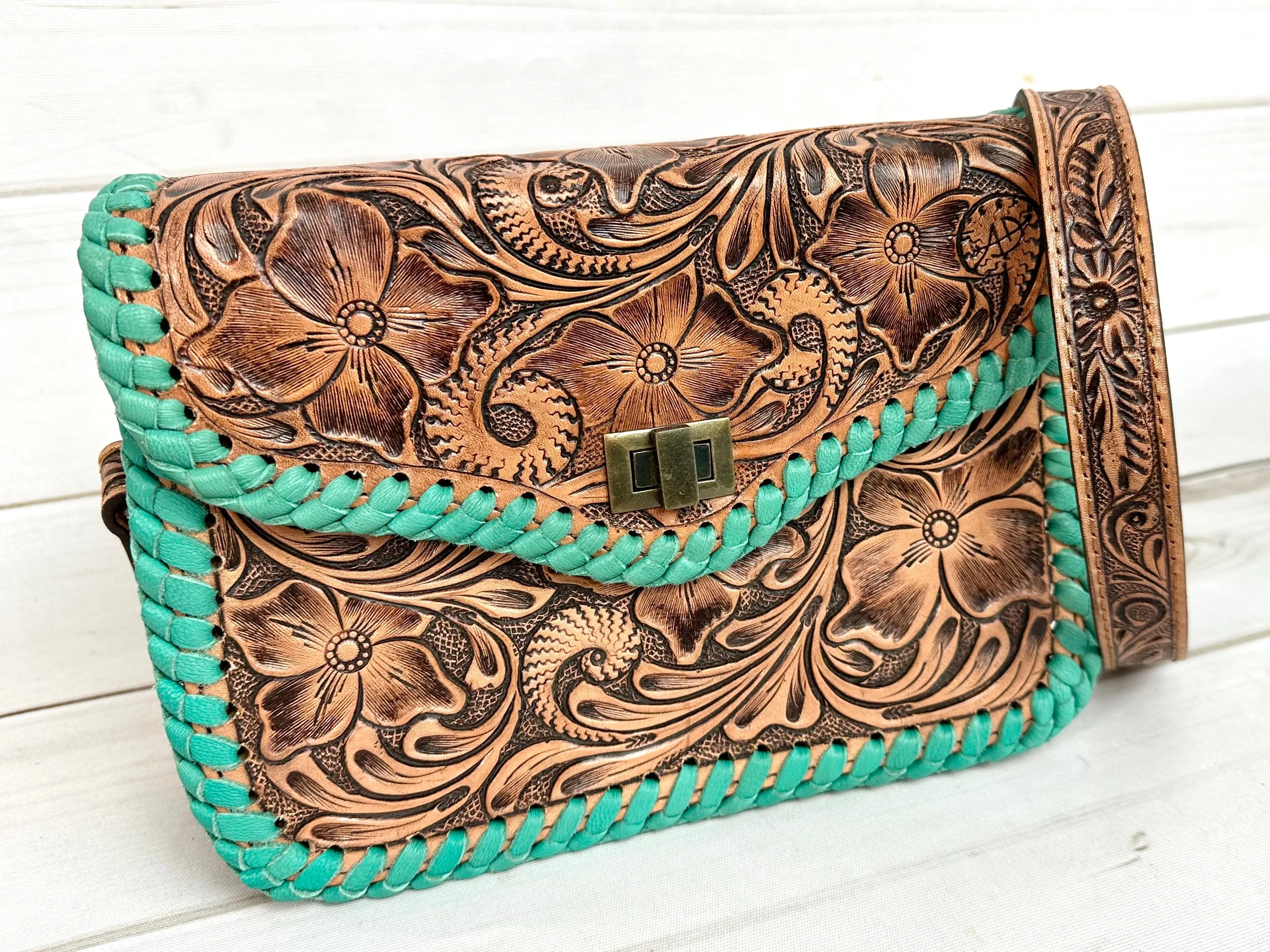 Braided Leather Border Pill Box Crossbody Western Leather Handbag