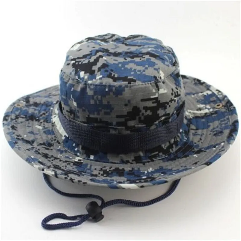 Camouflage Bucket Hats Wide Brim Sun Cap Ripstop Camo Fishing Hunting Hiking Men Safari Jungle with String Boonie Hat