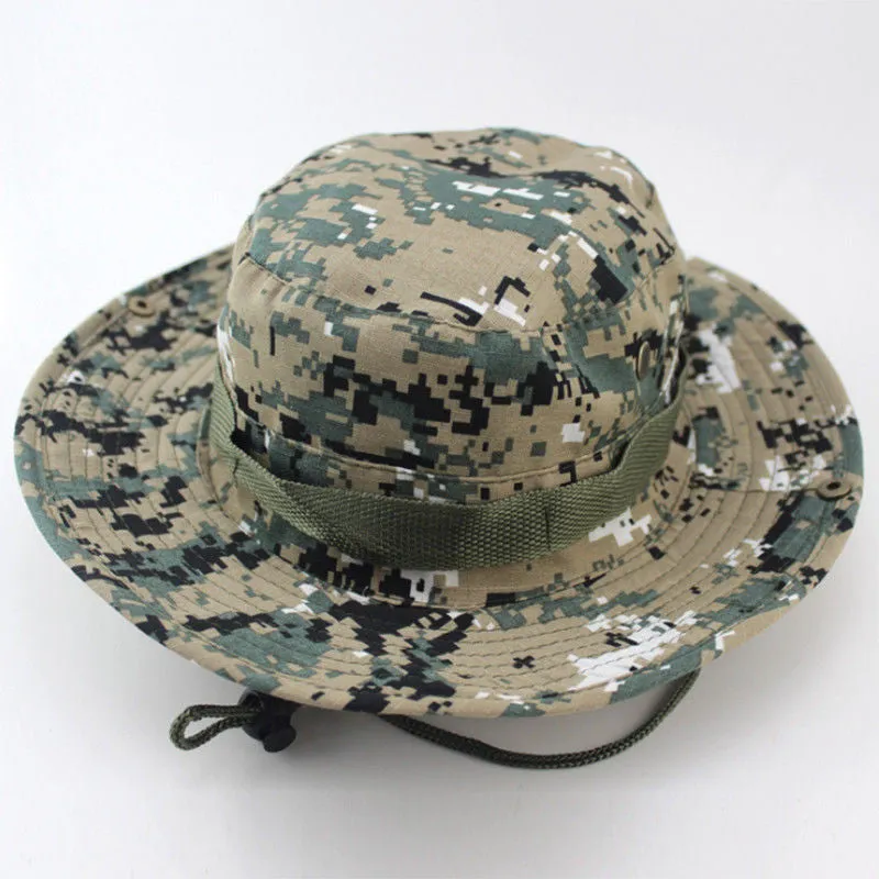 Camouflage Bucket Hats Wide Brim Sun Cap Ripstop Camo Fishing Hunting Hiking Men Safari Jungle with String Boonie Hat