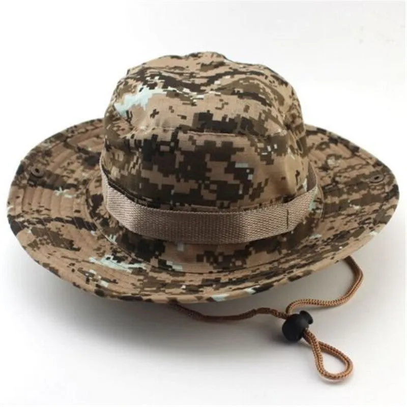 Camouflage Bucket Hats Wide Brim Sun Cap Ripstop Camo Fishing Hunting Hiking Men Safari Jungle with String Boonie Hat