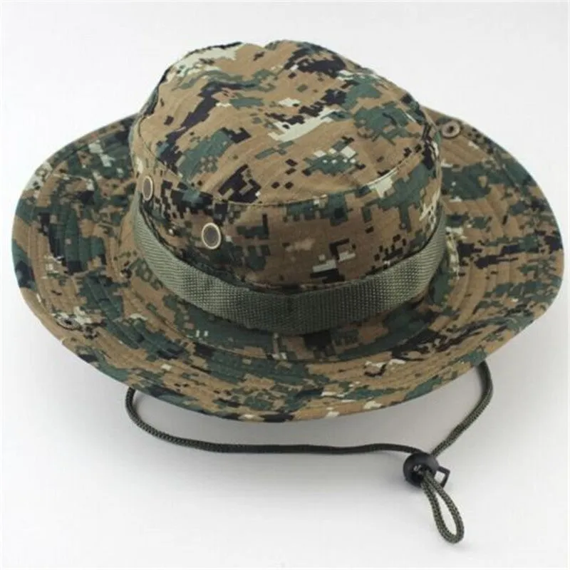 Camouflage Bucket Hats Wide Brim Sun Cap Ripstop Camo Fishing Hunting Hiking Men Safari Jungle with String Boonie Hat