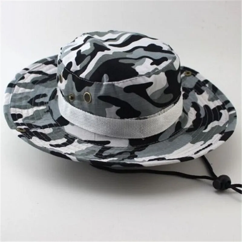 Camouflage Bucket Hats Wide Brim Sun Cap Ripstop Camo Fishing Hunting Hiking Men Safari Jungle with String Boonie Hat