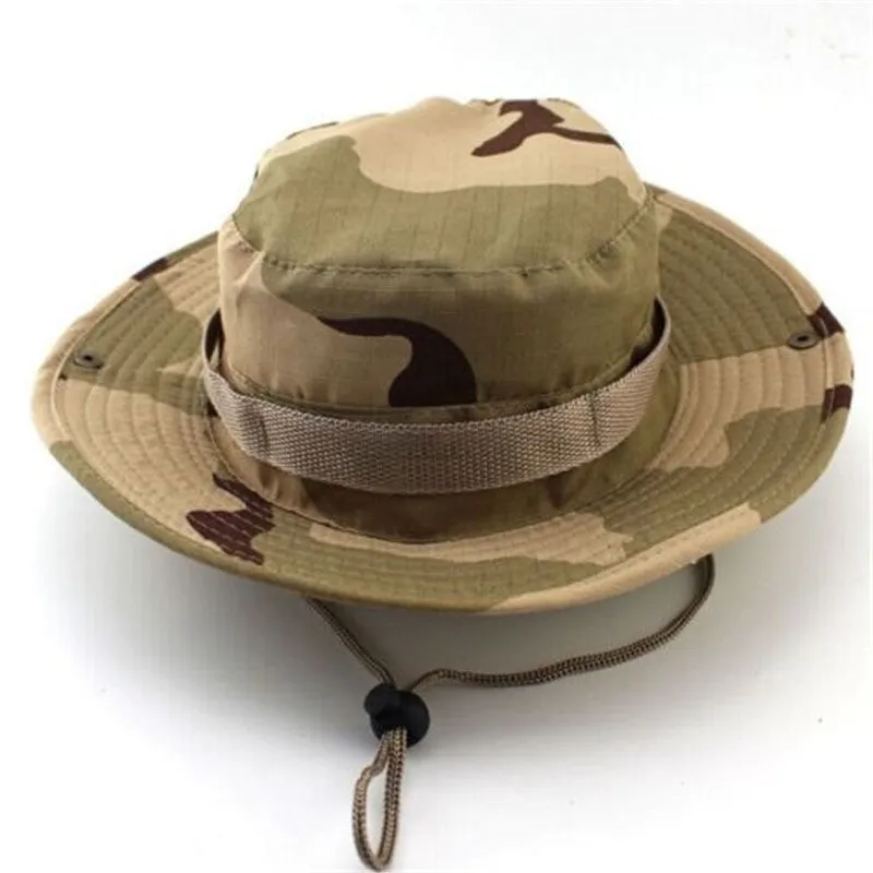 Camouflage Bucket Hats Wide Brim Sun Cap Ripstop Camo Fishing Hunting Hiking Men Safari Jungle with String Boonie Hat