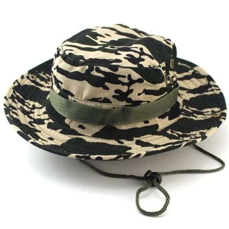 Camouflage Bucket Hats Wide Brim Sun Cap Ripstop Camo Fishing Hunting Hiking Men Safari Jungle with String Boonie Hat