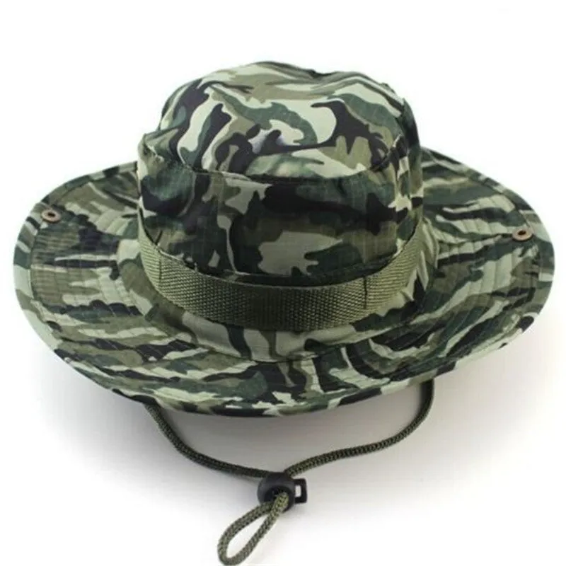 Camouflage Bucket Hats Wide Brim Sun Cap Ripstop Camo Fishing Hunting Hiking Men Safari Jungle with String Boonie Hat