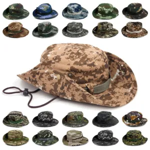 Camouflage Bucket Hats Wide Brim Sun Cap Ripstop Camo Fishing Hunting Hiking Men Safari Jungle with String Boonie Hat