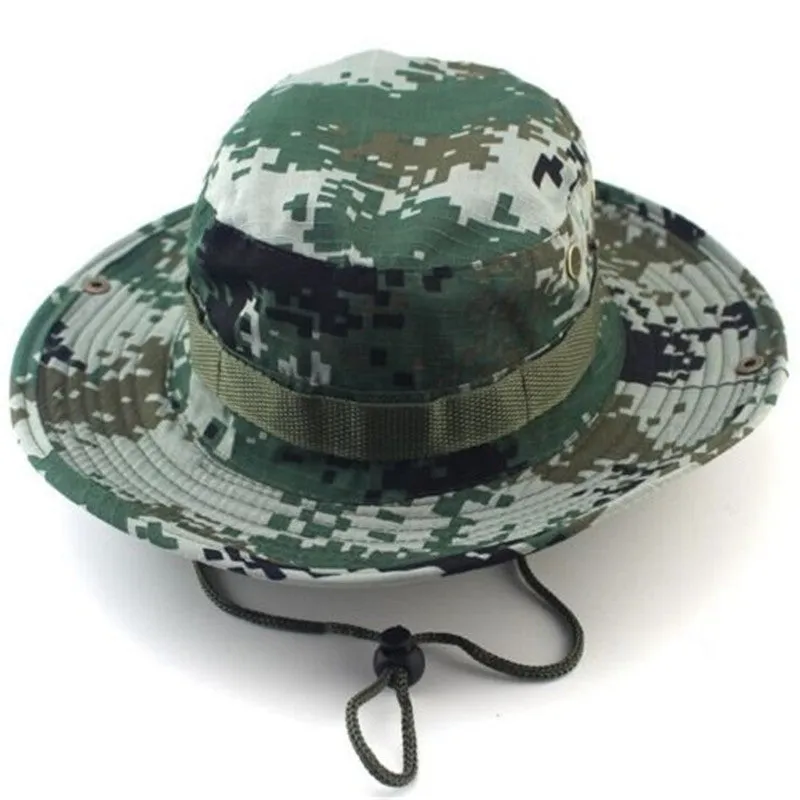 Camouflage Bucket Hats Wide Brim Sun Cap Ripstop Camo Fishing Hunting Hiking Men Safari Jungle with String Boonie Hat