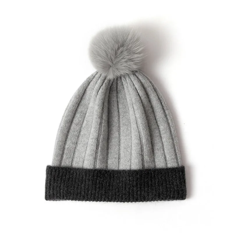 Cashmere Ribbed Knit Beanie with Faux Fur Pom Cashmere Winter Hat