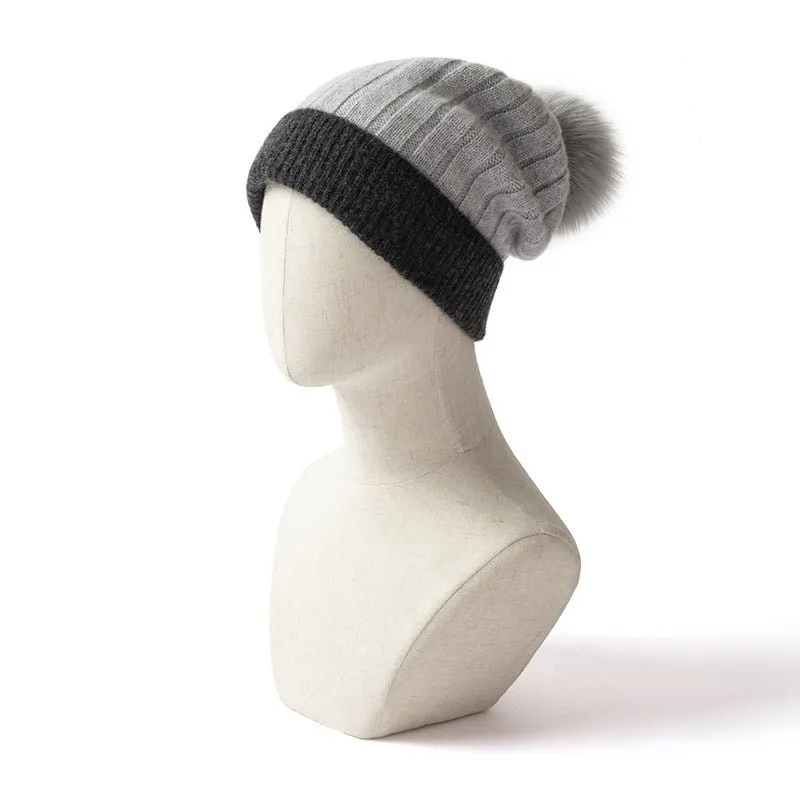 Cashmere Ribbed Knit Beanie with Faux Fur Pom Cashmere Winter Hat
