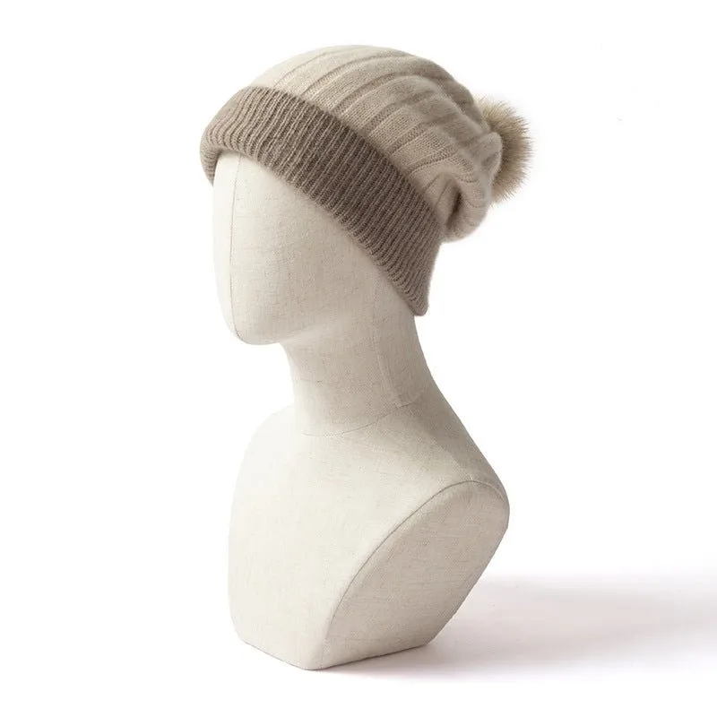 Cashmere Ribbed Knit Beanie with Faux Fur Pom Cashmere Winter Hat