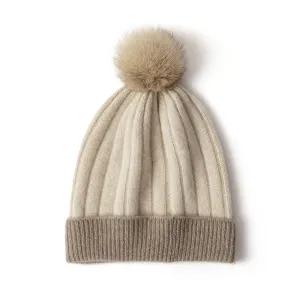 Cashmere Ribbed Knit Beanie with Faux Fur Pom Cashmere Winter Hat