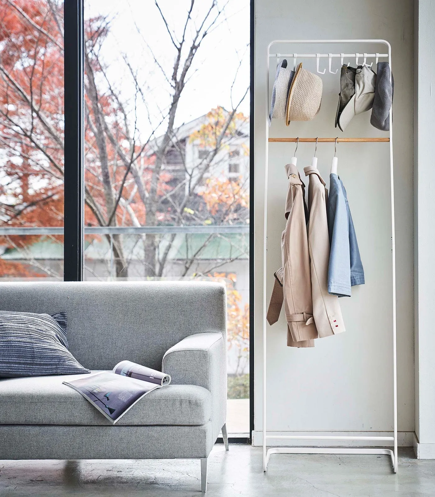 Coat Rack with Hat Storage (66" H)  - Steel   Wood from Yamazaki Home