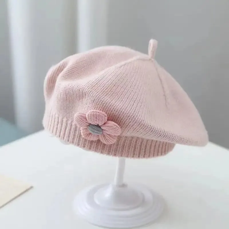 Flower Baby Beret Hat Solid Color Winter Warm Knitted Beanie Cap For Infant Girl Korean Toddler Princess Artist Painter Cap