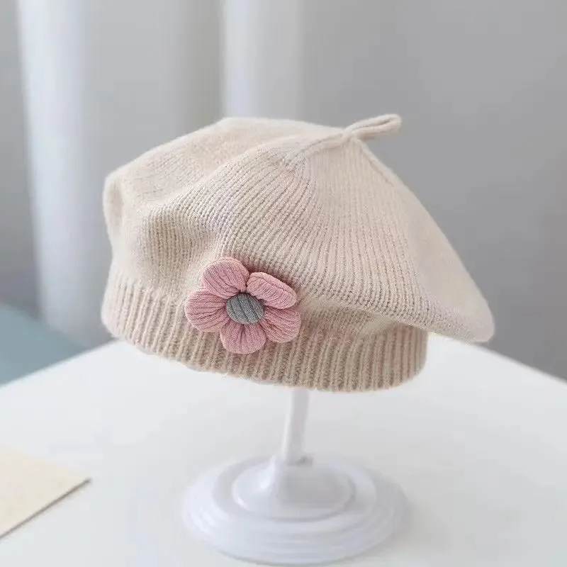 Flower Baby Beret Hat Solid Color Winter Warm Knitted Beanie Cap For Infant Girl Korean Toddler Princess Artist Painter Cap