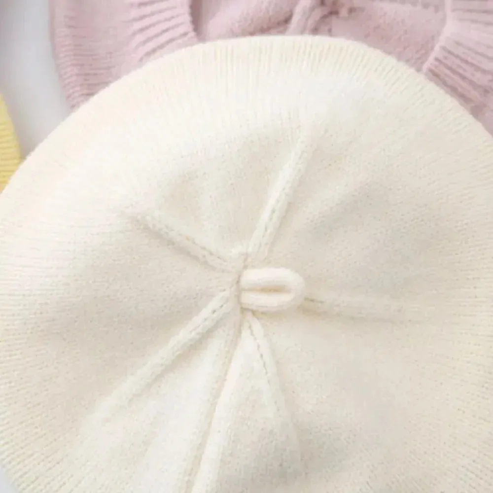 Flower Baby Beret Hat Solid Color Winter Warm Knitted Beanie Cap For Infant Girl Korean Toddler Princess Artist Painter Cap