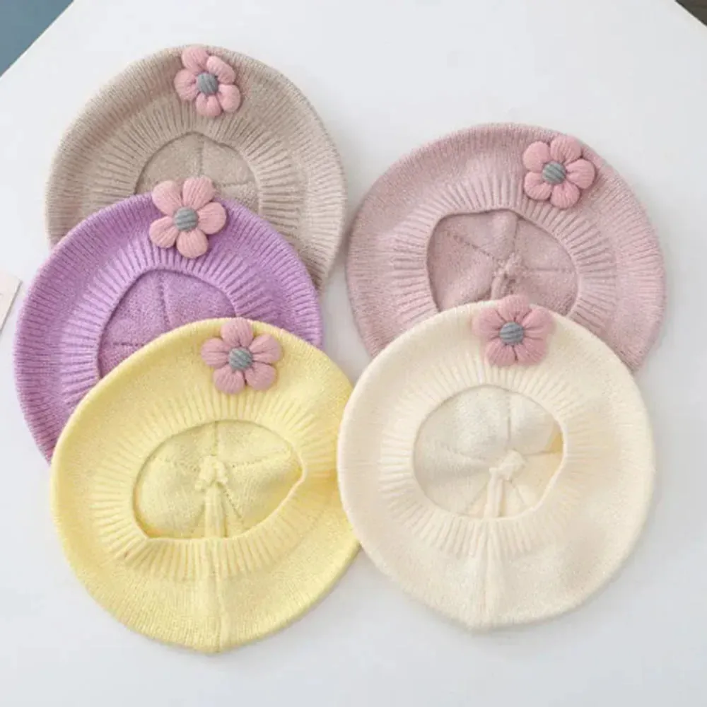 Flower Baby Beret Hat Solid Color Winter Warm Knitted Beanie Cap For Infant Girl Korean Toddler Princess Artist Painter Cap