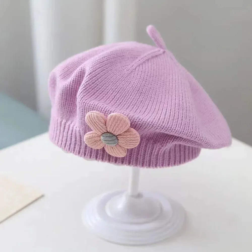 Flower Baby Beret Hat Solid Color Winter Warm Knitted Beanie Cap For Infant Girl Korean Toddler Princess Artist Painter Cap