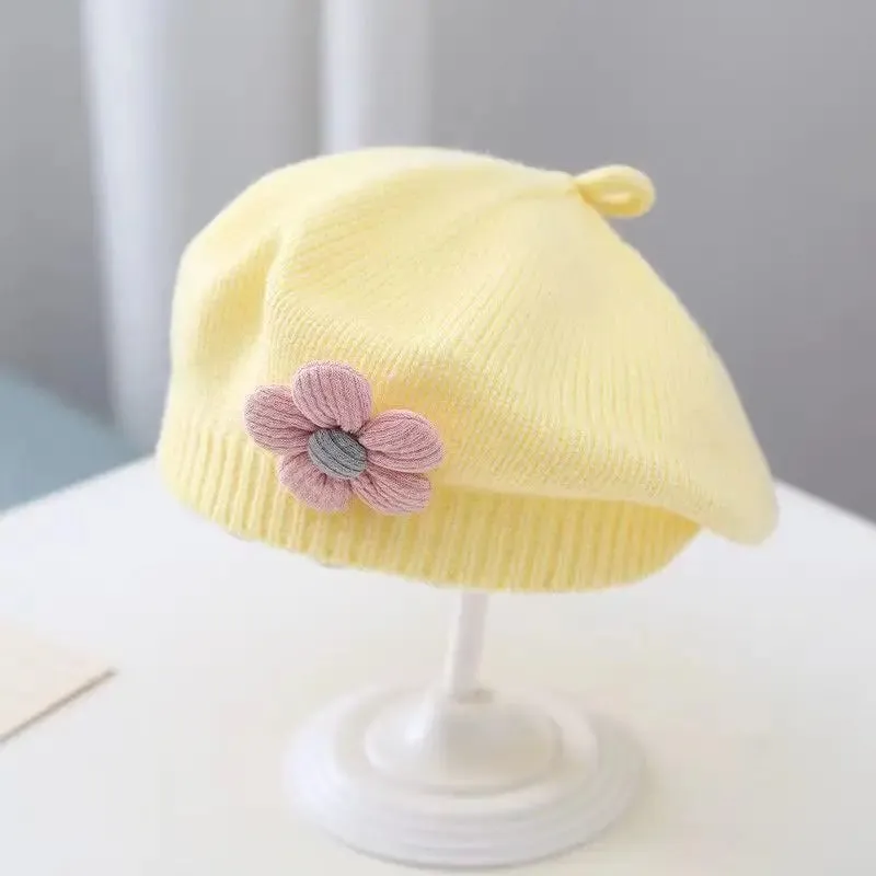 Flower Baby Beret Hat Solid Color Winter Warm Knitted Beanie Cap For Infant Girl Korean Toddler Princess Artist Painter Cap