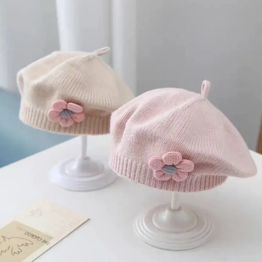 Flower Baby Beret Hat Solid Color Winter Warm Knitted Beanie Cap For Infant Girl Korean Toddler Princess Artist Painter Cap