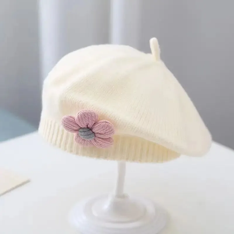 Flower Baby Beret Hat Solid Color Winter Warm Knitted Beanie Cap For Infant Girl Korean Toddler Princess Artist Painter Cap