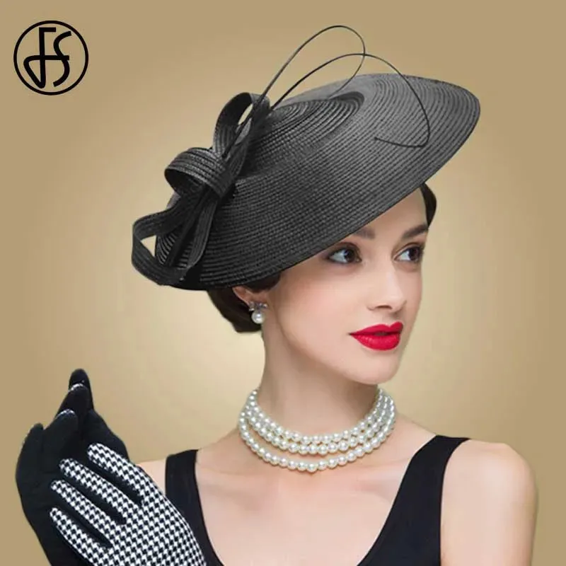 FS Fascinators Black White Weddings Pillbox Hat For Women Church Hat Sraw Fedora Black Wide Ladies Dress Sinamay Derby Hats