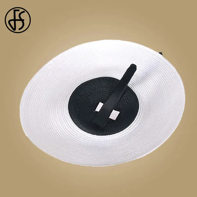 FS Fascinators Black White Weddings Pillbox Hat For Women Church Hat Sraw Fedora Black Wide Ladies Dress Sinamay Derby Hats