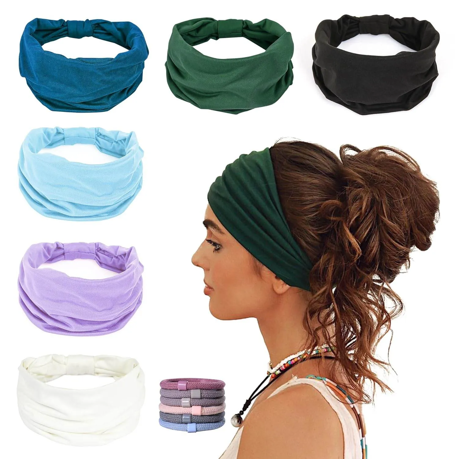 GILI 6 Pack Wide Headbands for Women Non Slip Soft Elastic Hair Bands Yoga Running Sports Workout Gym Head Wraps, Knotted Cotton Cloth African Turbans Bandana (with 6 Pcs Hair Ties)