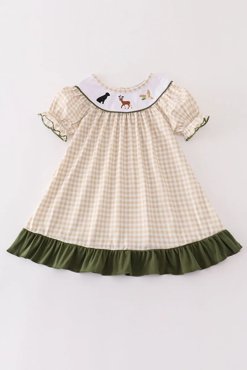 Gingham Hunting Embroidery Girl Dress
