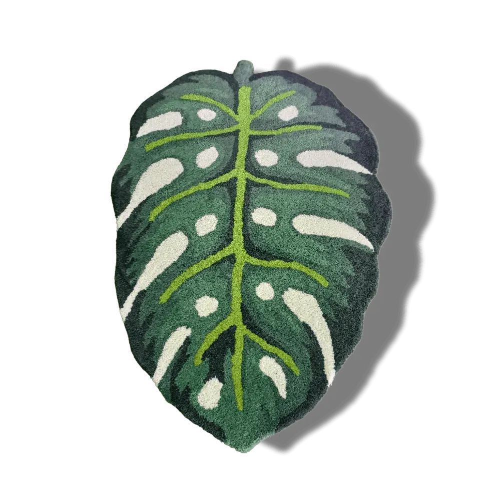 Green Monstera Leaf Shaped Accent Hand Tufted Wool Rug