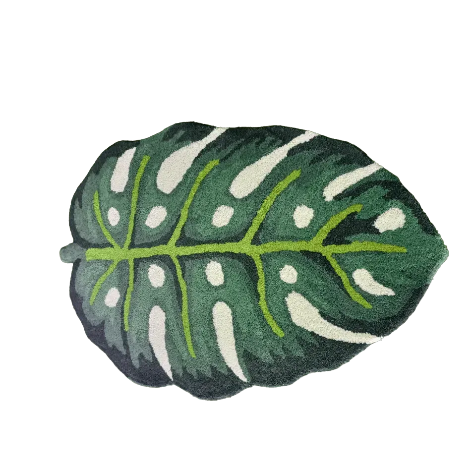 Green Monstera Leaf Shaped Accent Hand Tufted Wool Rug