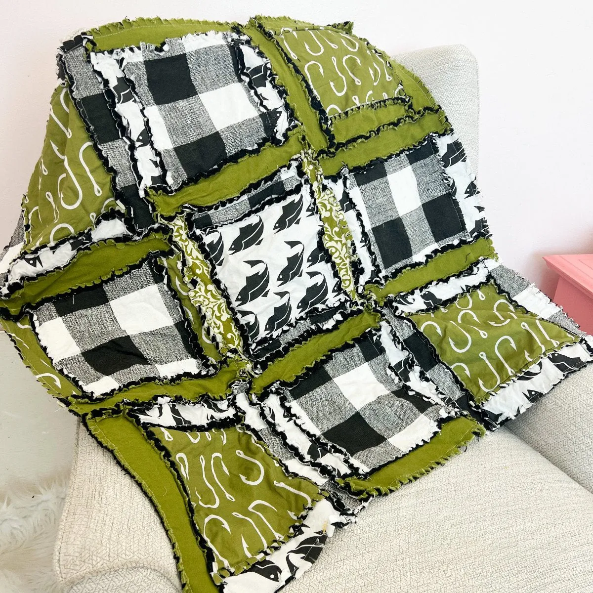 Handmade Fish Baby Quilt – Green, Black, and White Fishing Rag Quilt for Boys