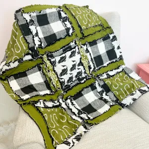 Handmade Fish Baby Quilt – Green, Black, and White Fishing Rag Quilt for Boys