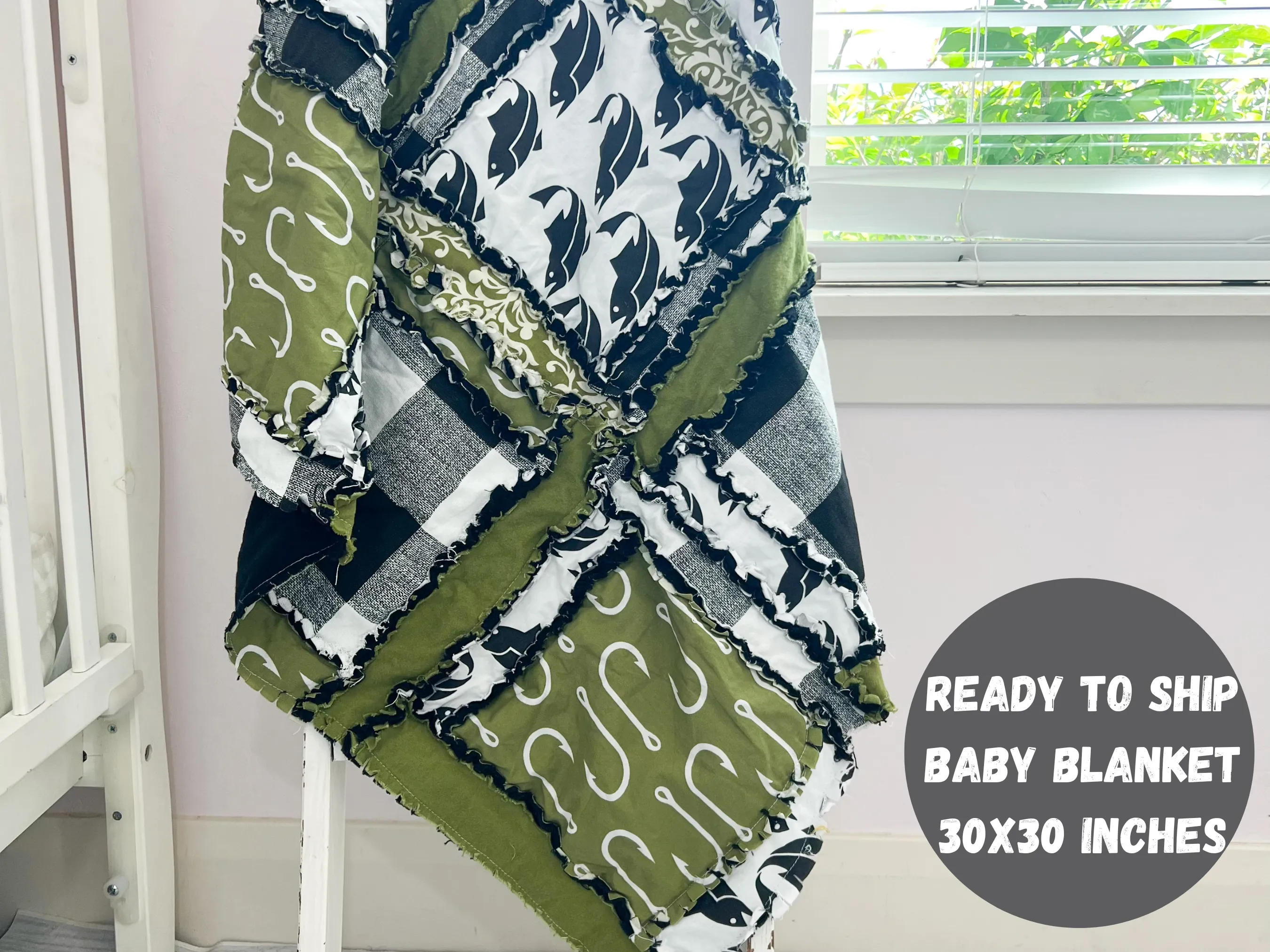 Handmade Fish Baby Quilt – Green, Black, and White Fishing Rag Quilt for Boys