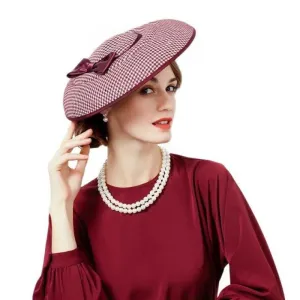 Houndstooth Red Black Bowknot Felt Hat Pillbox Formal Cocktail Church Wedding Dress