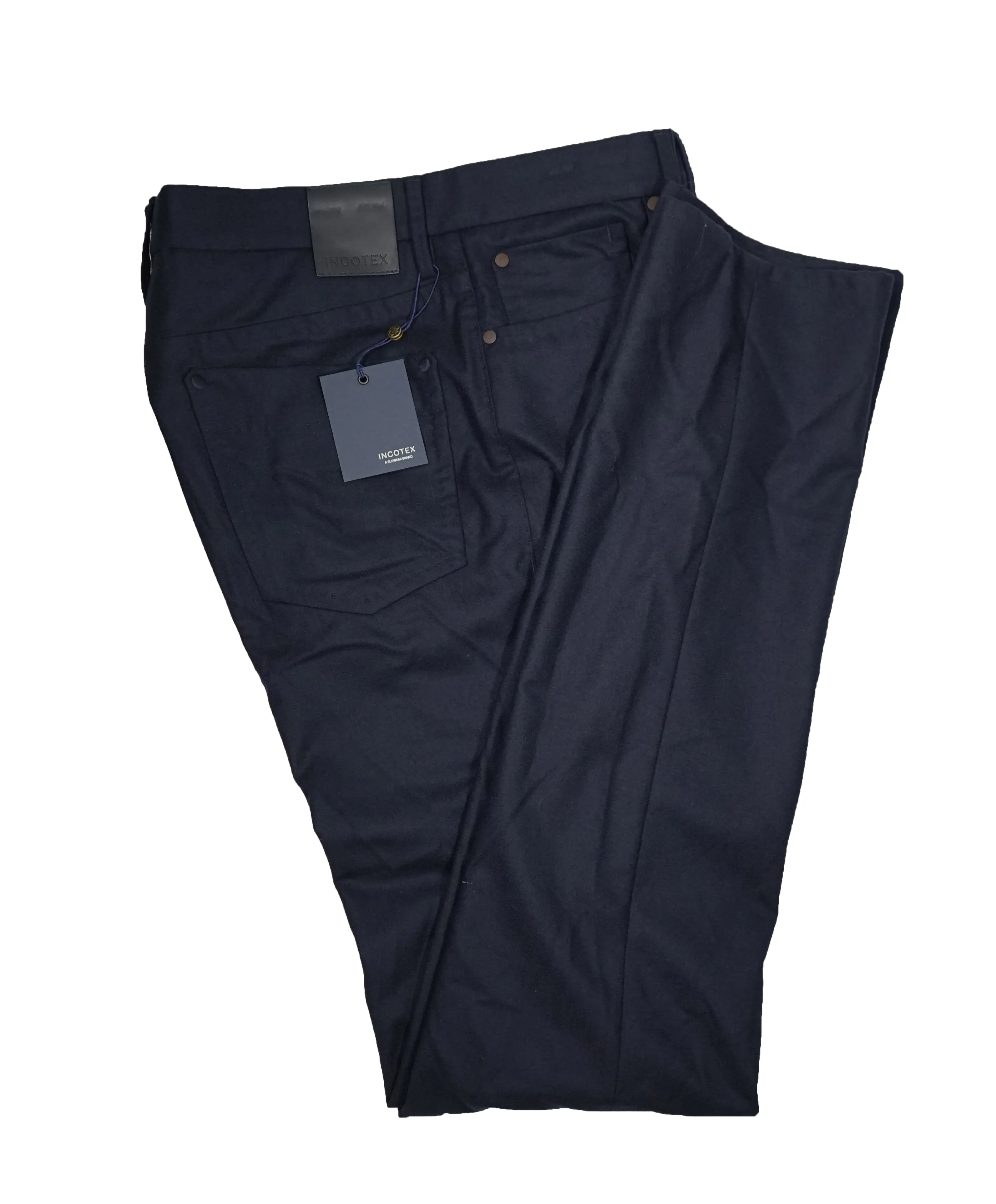 INCOTEX - CASHMERE WOOL Flat Front 5-Pocket Blue Flannel Logo Pants  -  33W