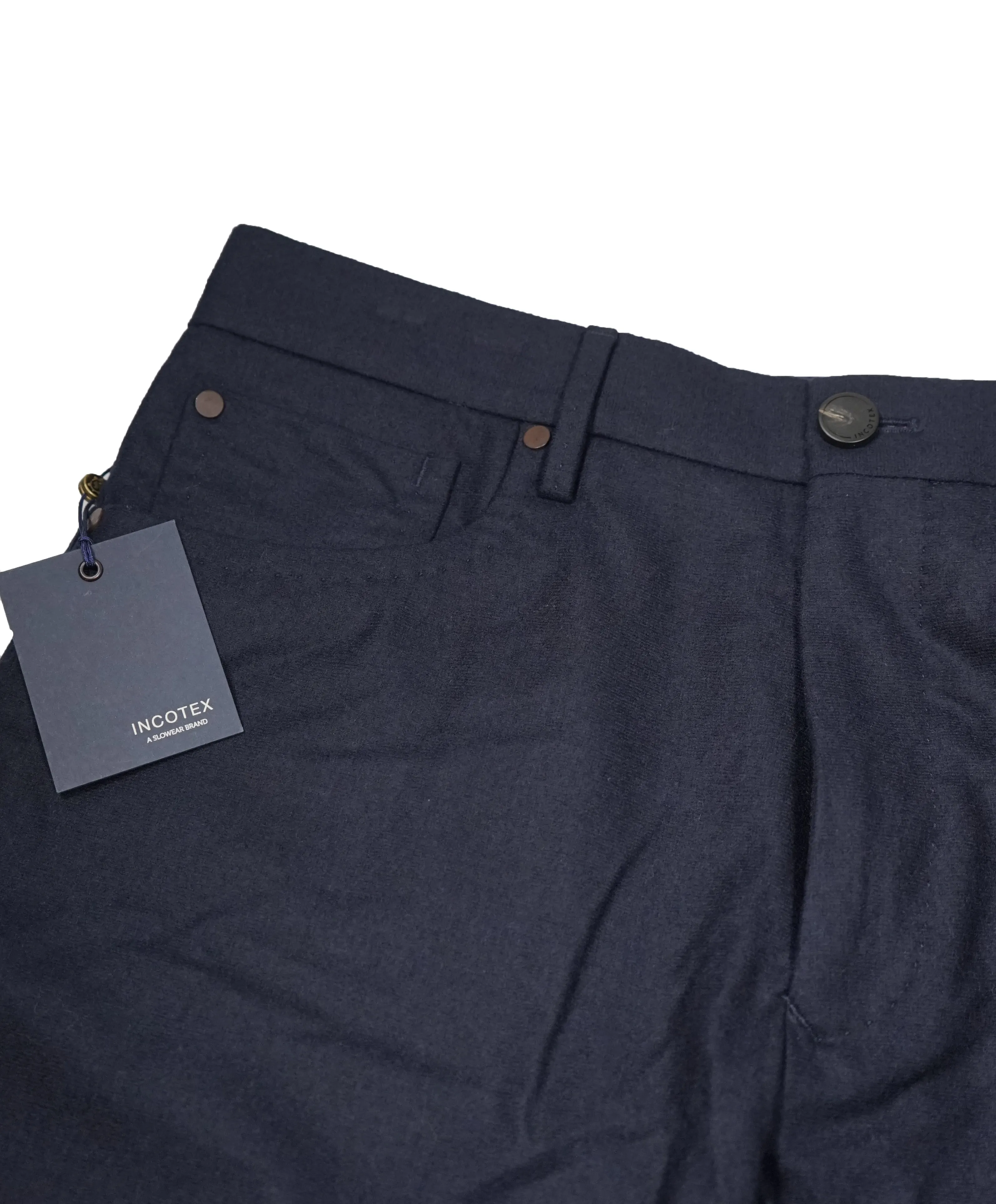 INCOTEX - CASHMERE WOOL Flat Front 5-Pocket Blue Flannel Logo Pants  -  33W