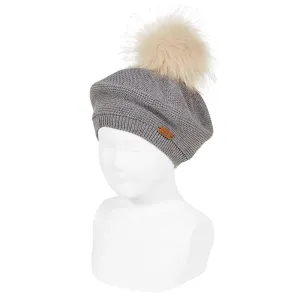 Light Grey Faux Fur Pom Pom Beret