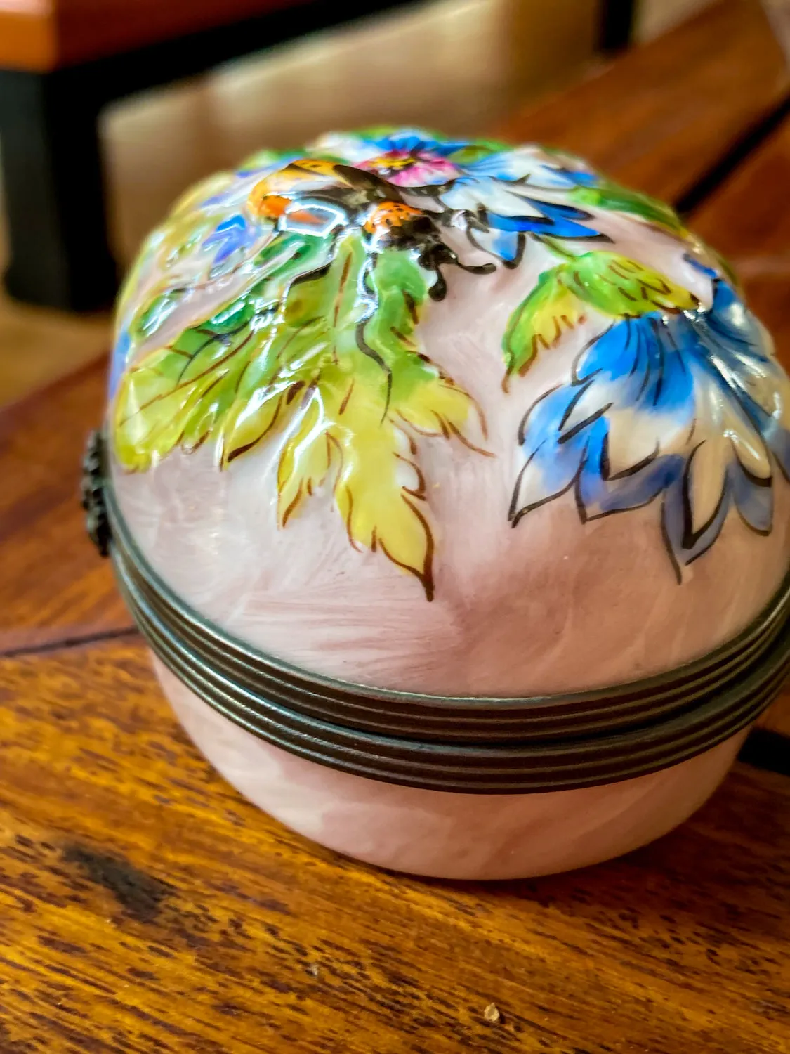 Limoges France Floral Beetle Pink Glass Style Oval Porcelain Pillbox