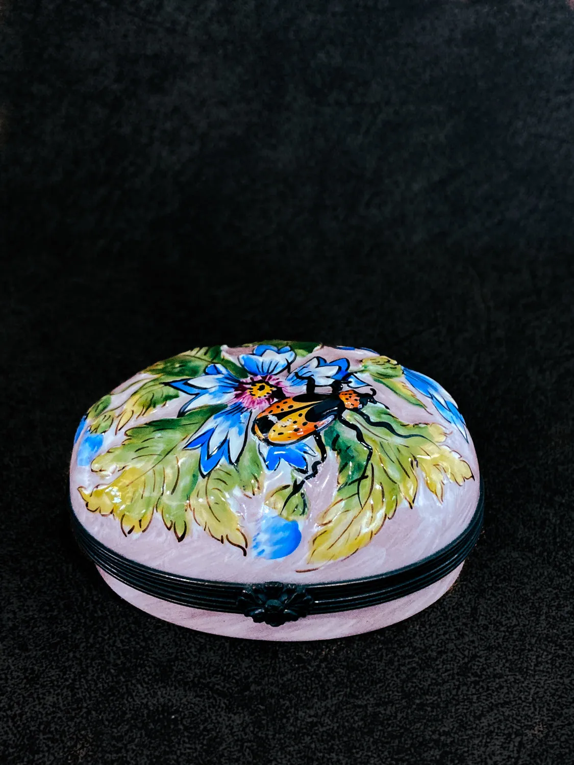 Limoges France Floral Beetle Pink Glass Style Oval Porcelain Pillbox