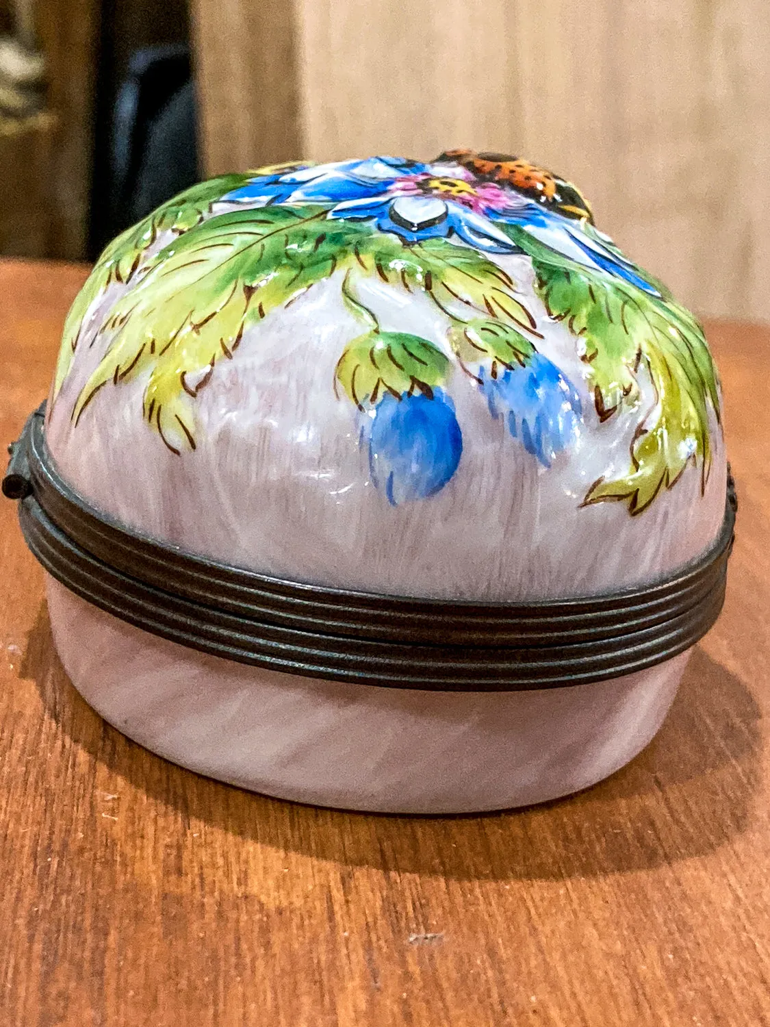 Limoges France Floral Beetle Pink Glass Style Oval Porcelain Pillbox