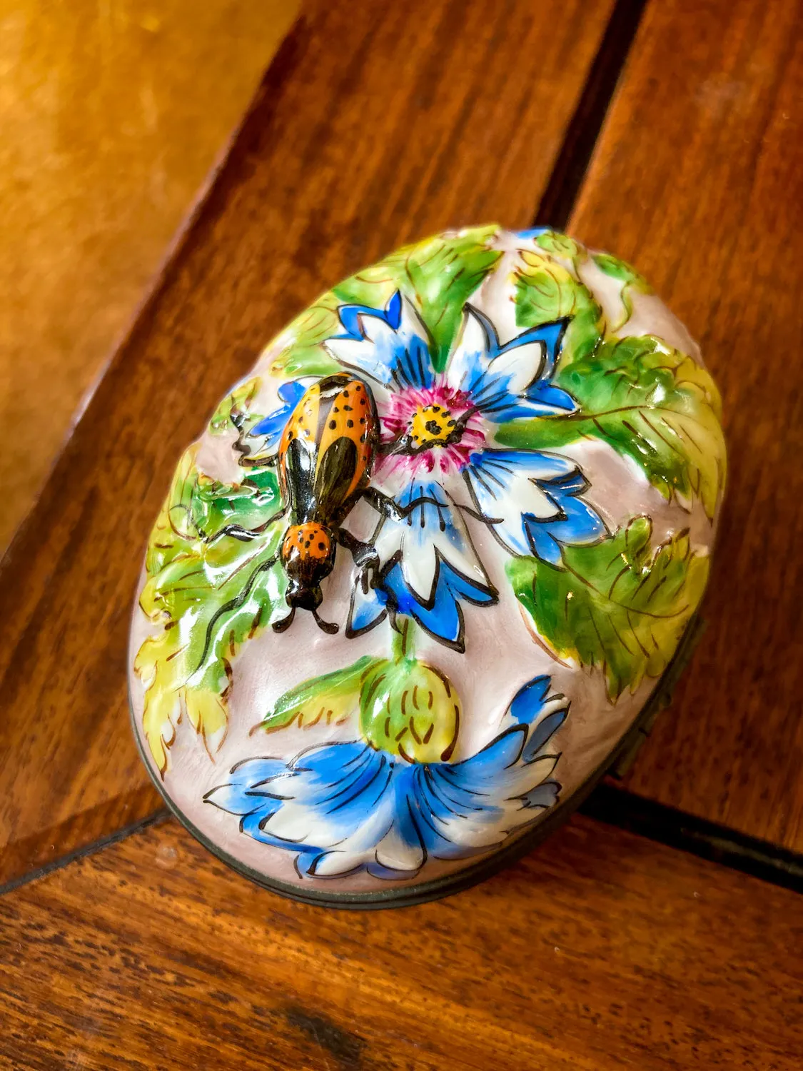 Limoges France Floral Beetle Pink Glass Style Oval Porcelain Pillbox