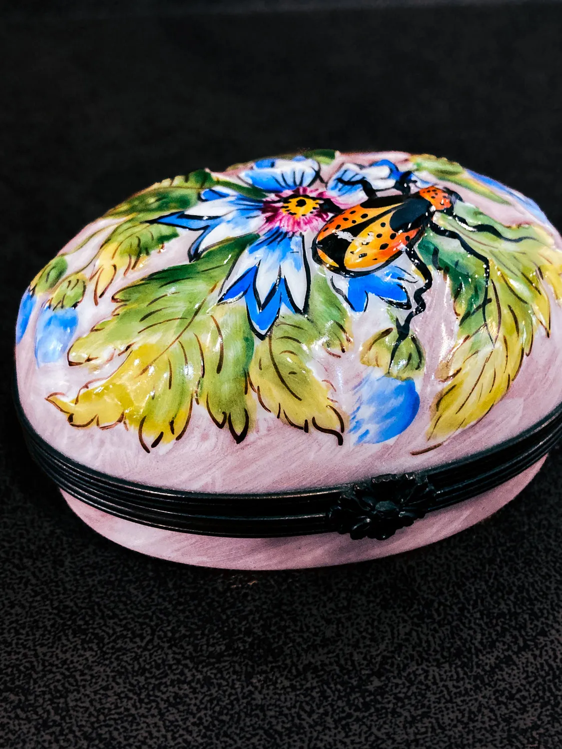 Limoges France Floral Beetle Pink Glass Style Oval Porcelain Pillbox